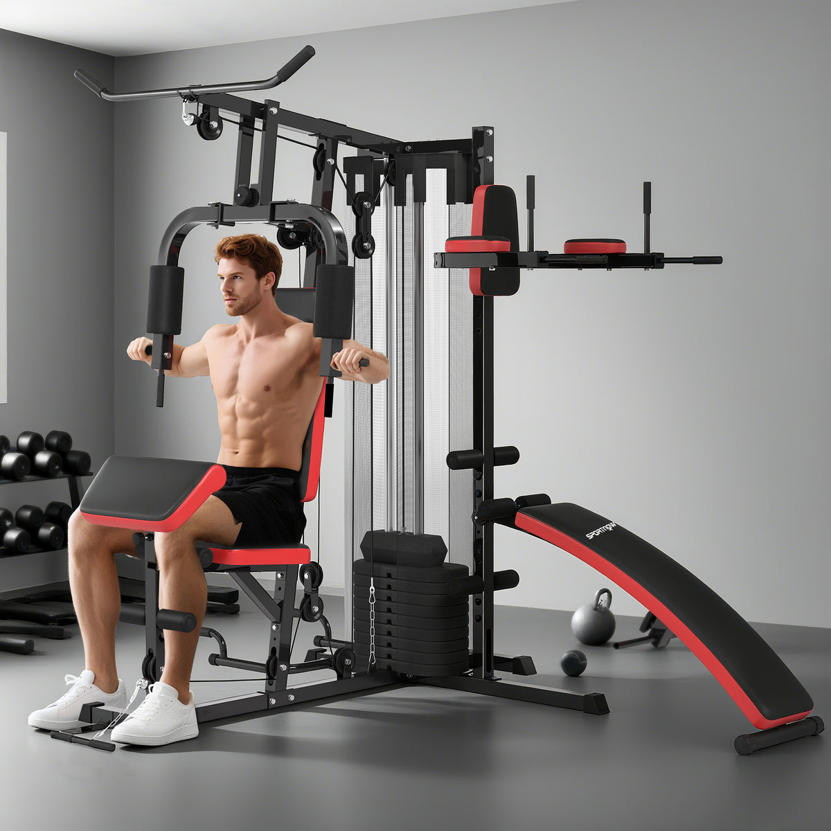 Mehrzweck-Trainingsstation mit 65 kg Gewichtsblock, verstellbar, fürs Heimtraining, Stahl, Kunstleder – Produktabbildung 2