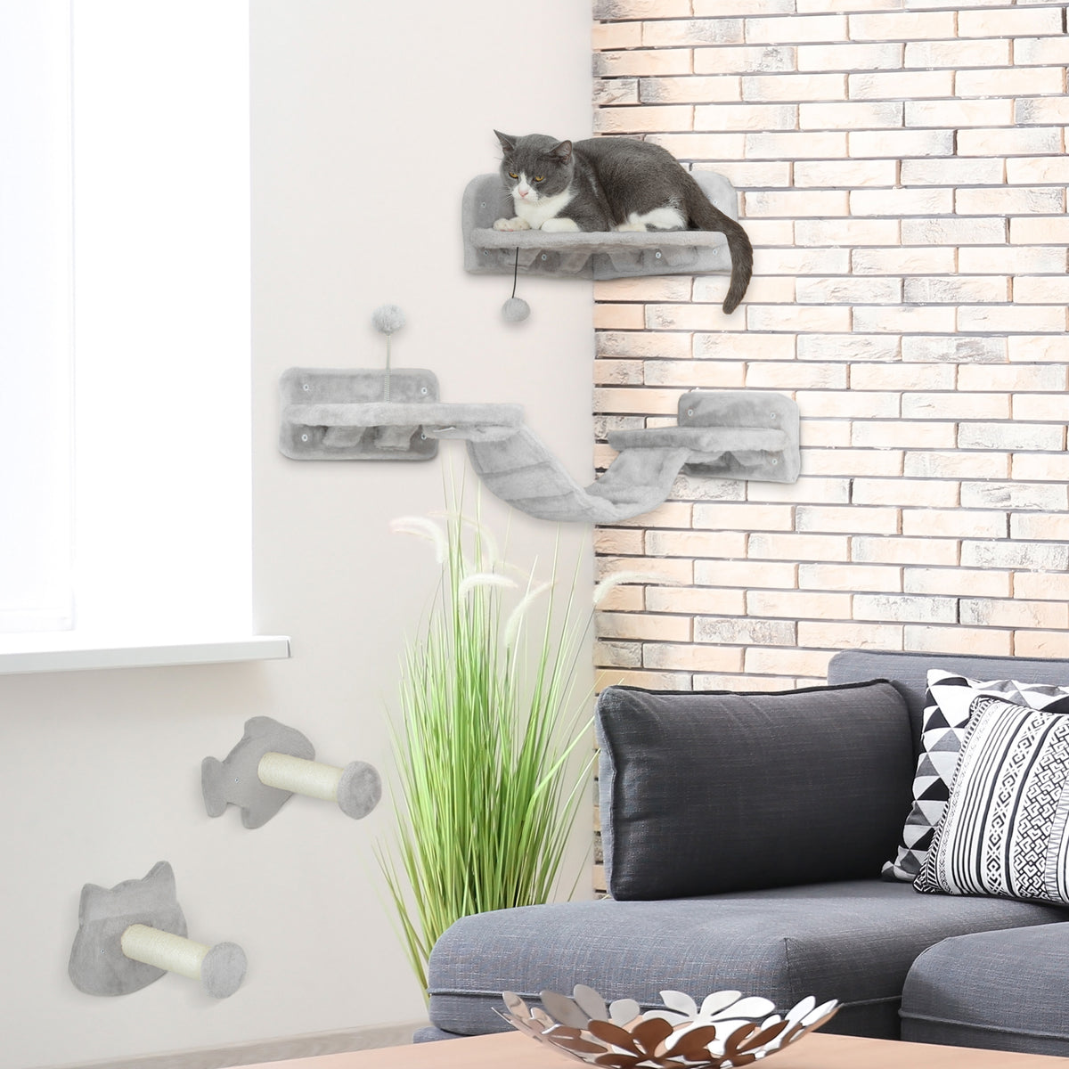 PawHut Katzentreppen-Set, 4-teilig, Kratzmöbel mit Sisal-Stufen, doppelter Plattform, Hellgrau/Cremeweiß – Produktabbildung 2