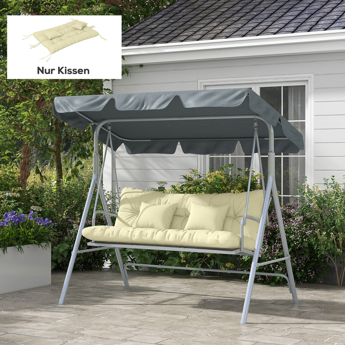 Outsunny 4er-Set Sitzkissen, 150x50 cm wasserabweisend Stuhlkissen mit Bindebänder, 10cm dick Cremeweiß – Produktabbildung 2