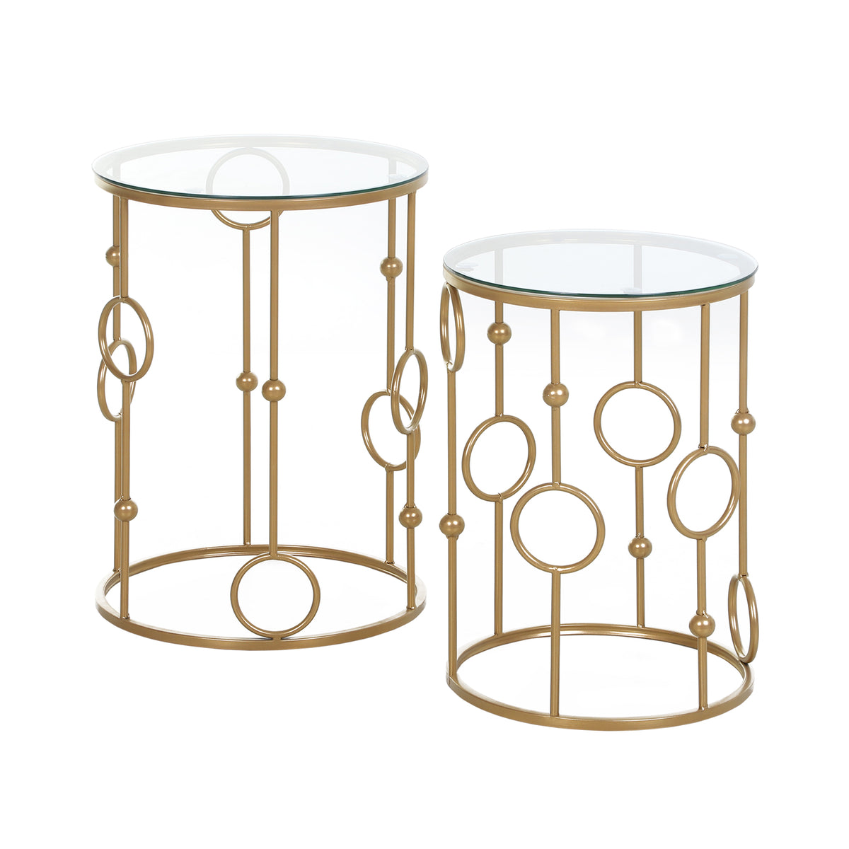 HOMCOM 2er-Set Couchtisch, Beistelltisch mit Glasplatte, Wohnzimmertisch mit Reifen- und Kugeldesign Ø41 x 57