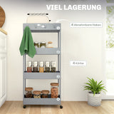 HOMCOM Küchenwagen mit 4 Regalen, 4 flexiblen Haken, 4 Rollen, 40 cm x 19 cm x 90 cm, Nischenwagen, Grau – Produktabbildung 4