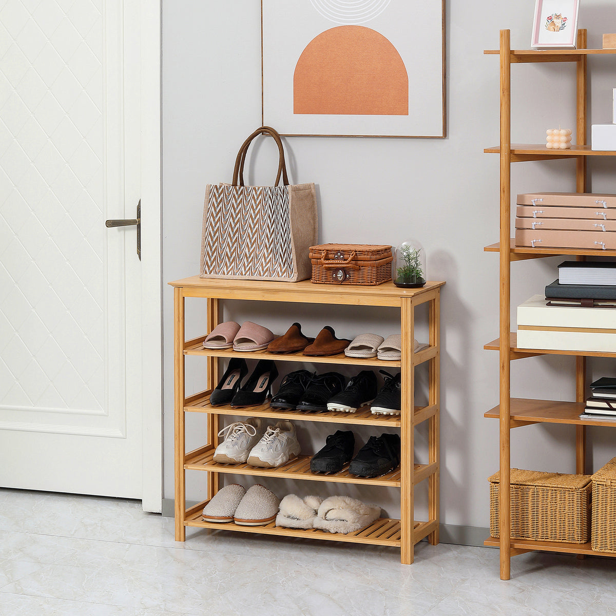 HOMCOM Schuhregal mit 4 Regalen, Bambus, Lamellen, bis Größe EU 45, Natur – Produktabbildung 2