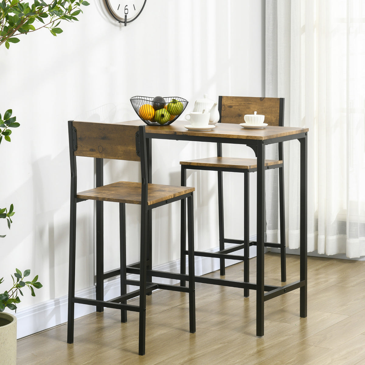 HOMCOM 3-teiliges Bar-Set, Stehtisch, 2 Stühle, MDF, Metallrahmen, wasserfest, Braun – Produktabbildung 2