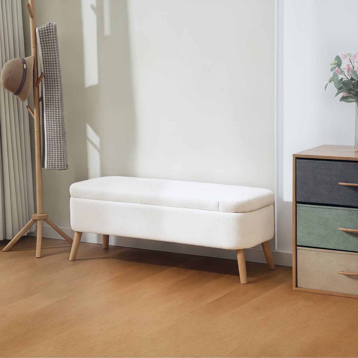 HOMCOM Aufbewahrungsbank, Sitzbank mit 65 L Stauraum, Teddy-Fleece-Stoff, Kautschukholz, 120 x 42 x 45 – Produktabbildung 10