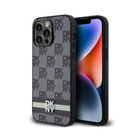 DKNY Leather Checkered Mono Pattern & Printed Stripes - Hülle für iPhone 14 Pro Max (schwarz)