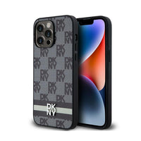 DKNY Leather Checkered Mono Pattern & Printed Stripes - Hülle für iPhone 14 Pro Max (schwarz)