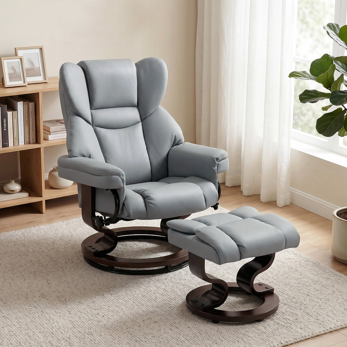 HOMCOM Drehbarer Relaxsessel mit Fußhocker, hohe Rückenlehne, hochdichter Schaumstoff, Holzfuß, hellgrau – Produktabbildung 2