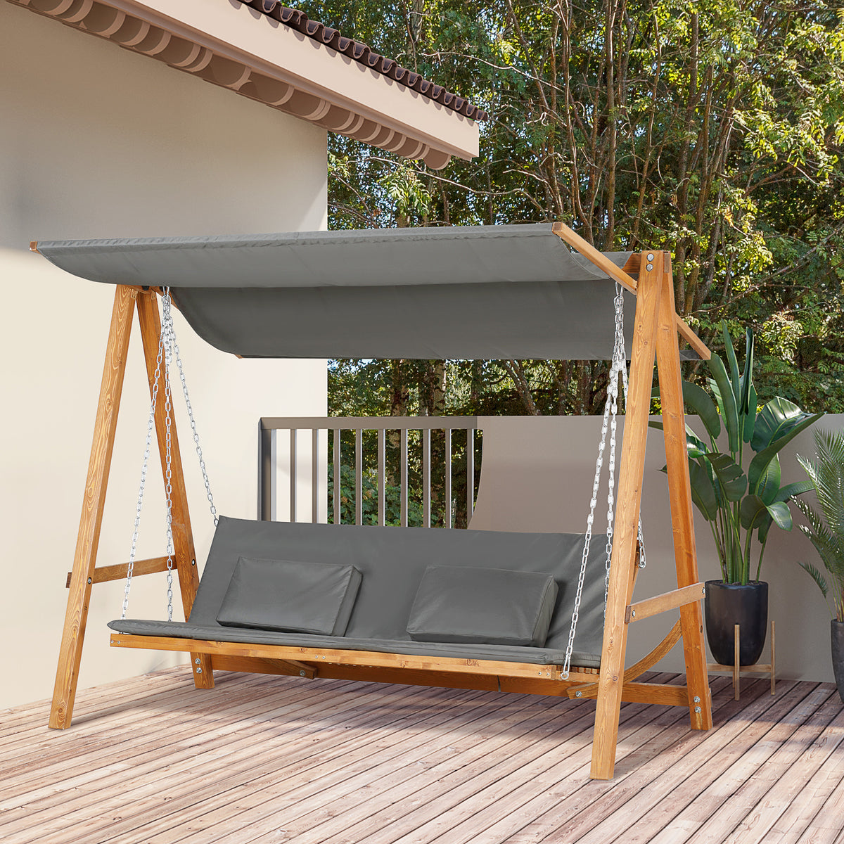 Outsunny Hollywoodschaukel mit Bettfunktion 3-Sitzer Gartenschaukel Lärche mit verstellbarem Sonnendach – Produktabbildung 2