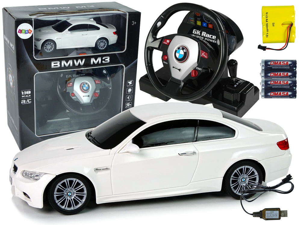 LEAN Toys Ferngesteuertes BMW M3 Weiß 2.4G Pilot Lenkrad 1:18 Sound Lights