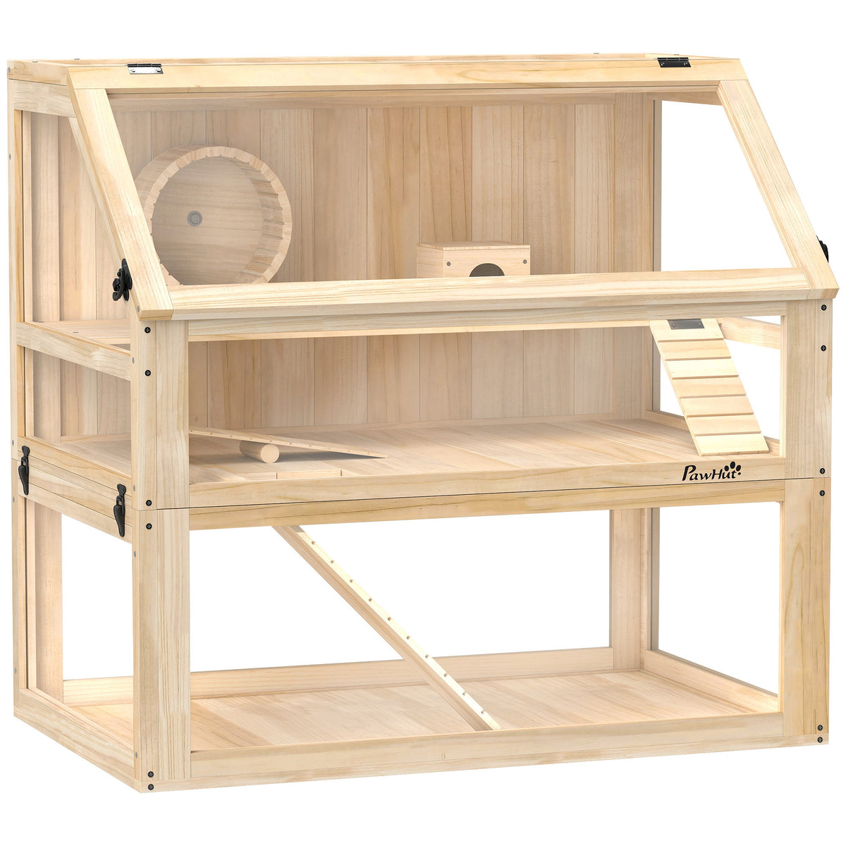 PawHut Hamsterkäfig aus Holz 3 Etagen Nagarium Nagerkäfig mit klappbarem Deckel Laufrad 80 x 50 x 76 cm