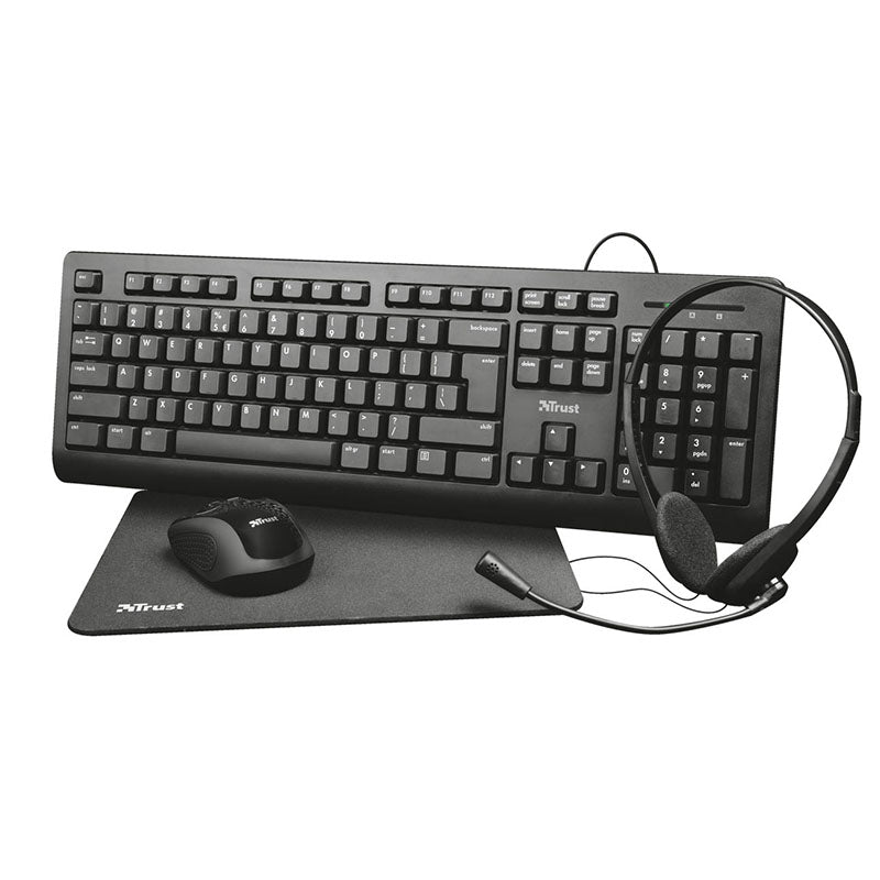 Trust Primo 4 -in-1 - Set Tastatur, bezdrátové myši, Over-Ear- soupravy a podložky pod Maus