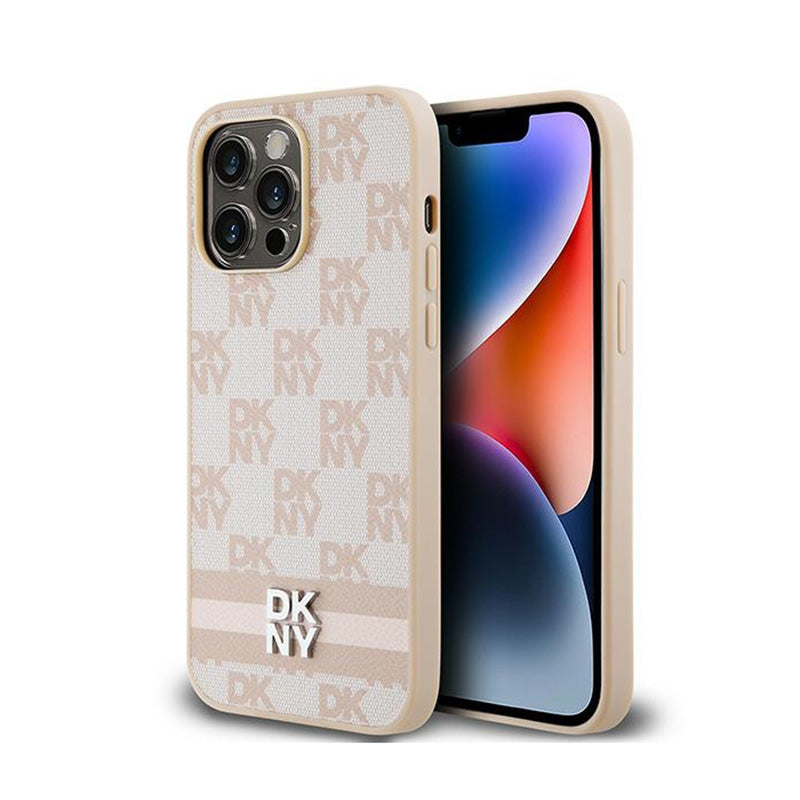 DKNY Leather Checkered Mono Pattern & Printed Stripes - Hülle für iPhone 14 Pro Max (rosa)