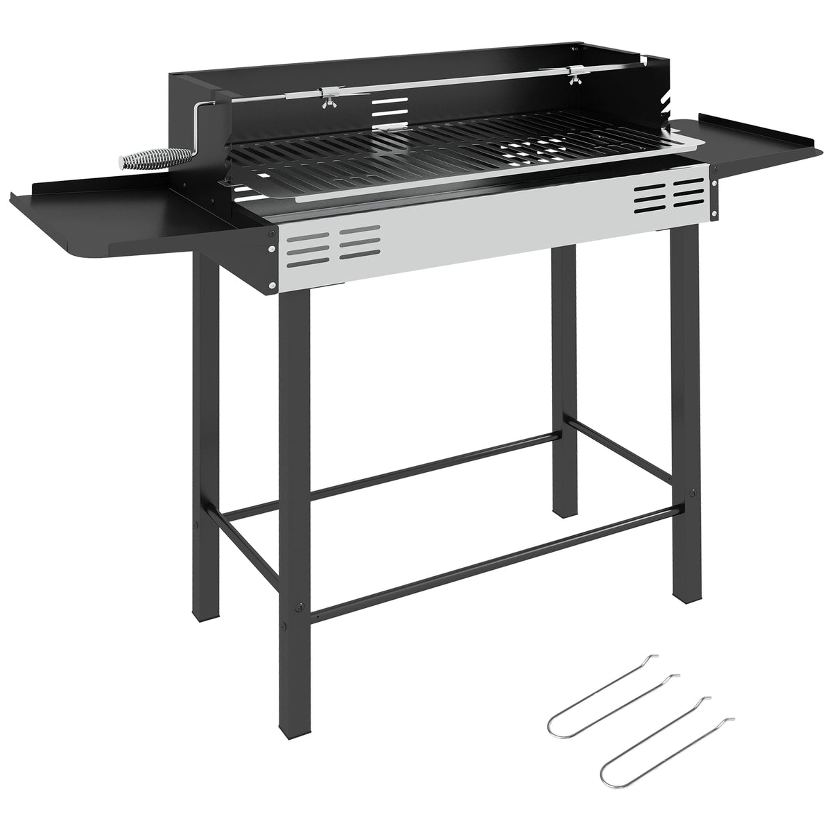Outsunny Holzkohlegrill Grill BBQ-Grill, verstellbares Rost, 1 Drehspieß, 118 x 32 x 90 cm, Schwarz + Silber