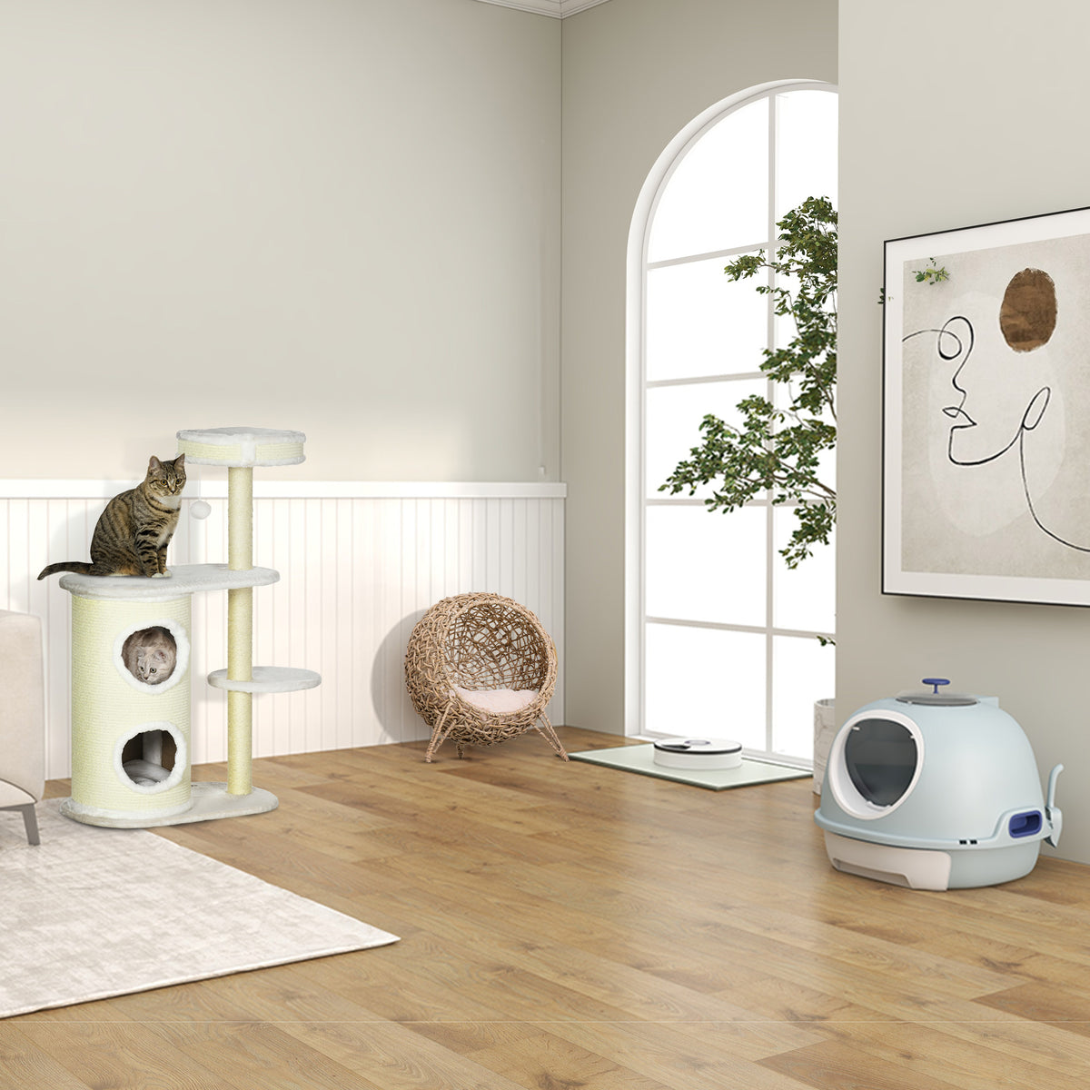 PawHut Katzenhaus aus Rattan mit Kissen Katzenschlafplatz Katzenhöhle mit erhöhten Füßen Natur Ø52 x 58 – Produktabbildung 7