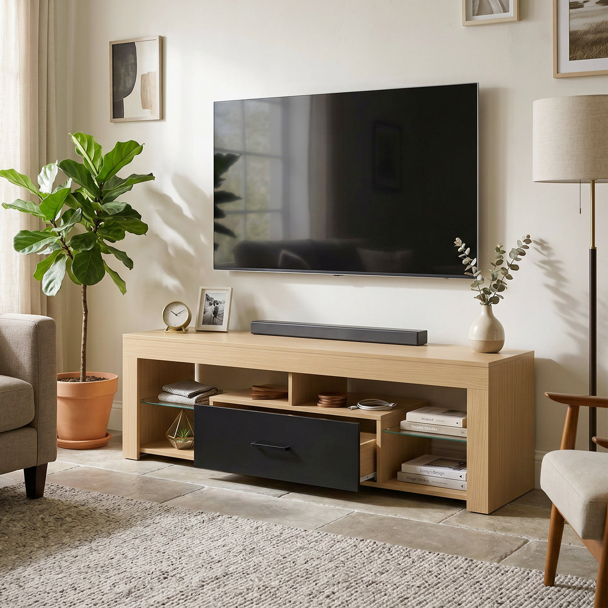 HOMCOM TV-Lowboard für Fernseher bis 65 Zoll, moderner TV-Schrank mit verstellbaren Glasböden, Eiche – Produktabbildung 2