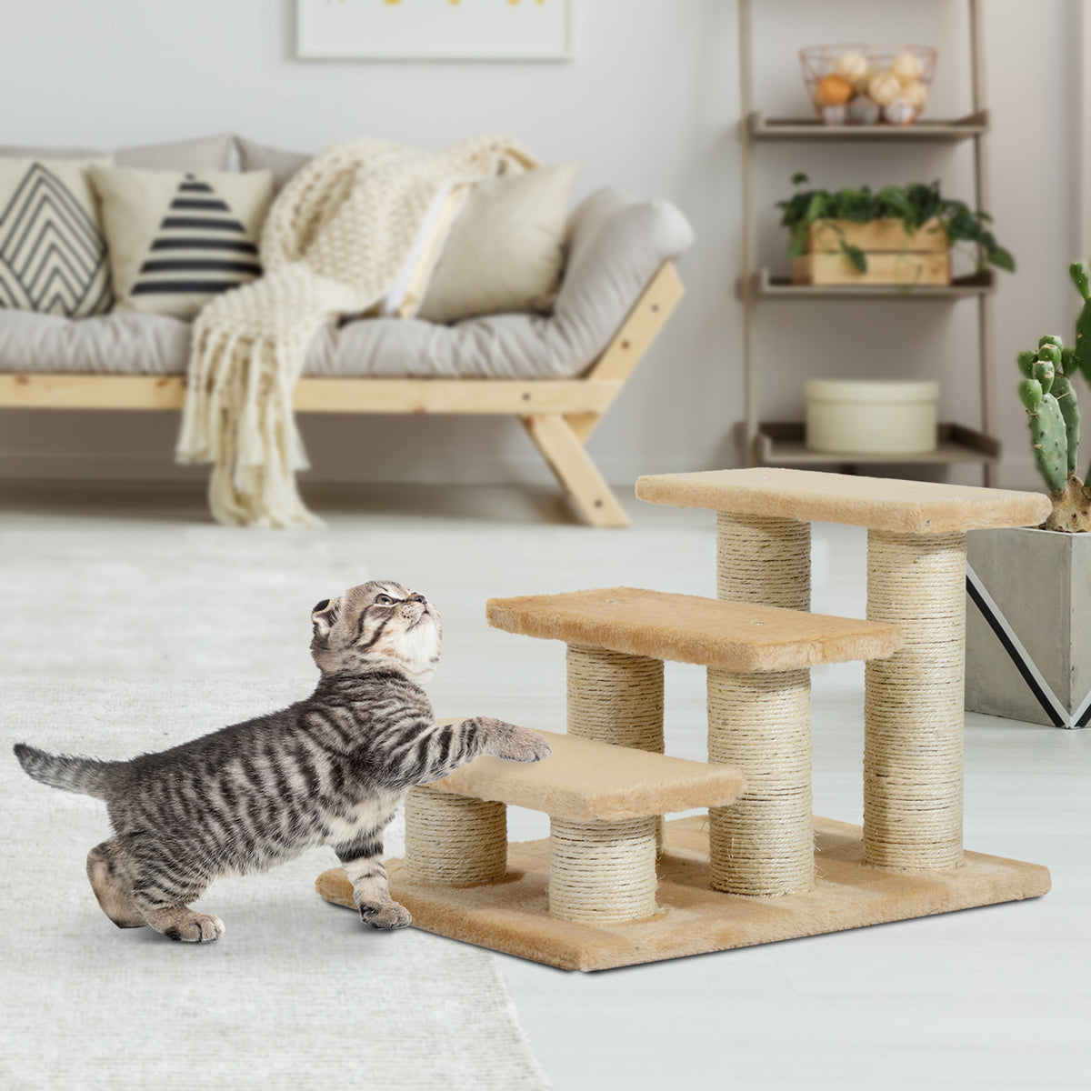 PawHut Tiertreppe Katzentreppe Hundetreppe 3 Stufen Treppe für Katze und Hunde Plüsch Creme 45 x 35 x 34 – Produktabbildung 2