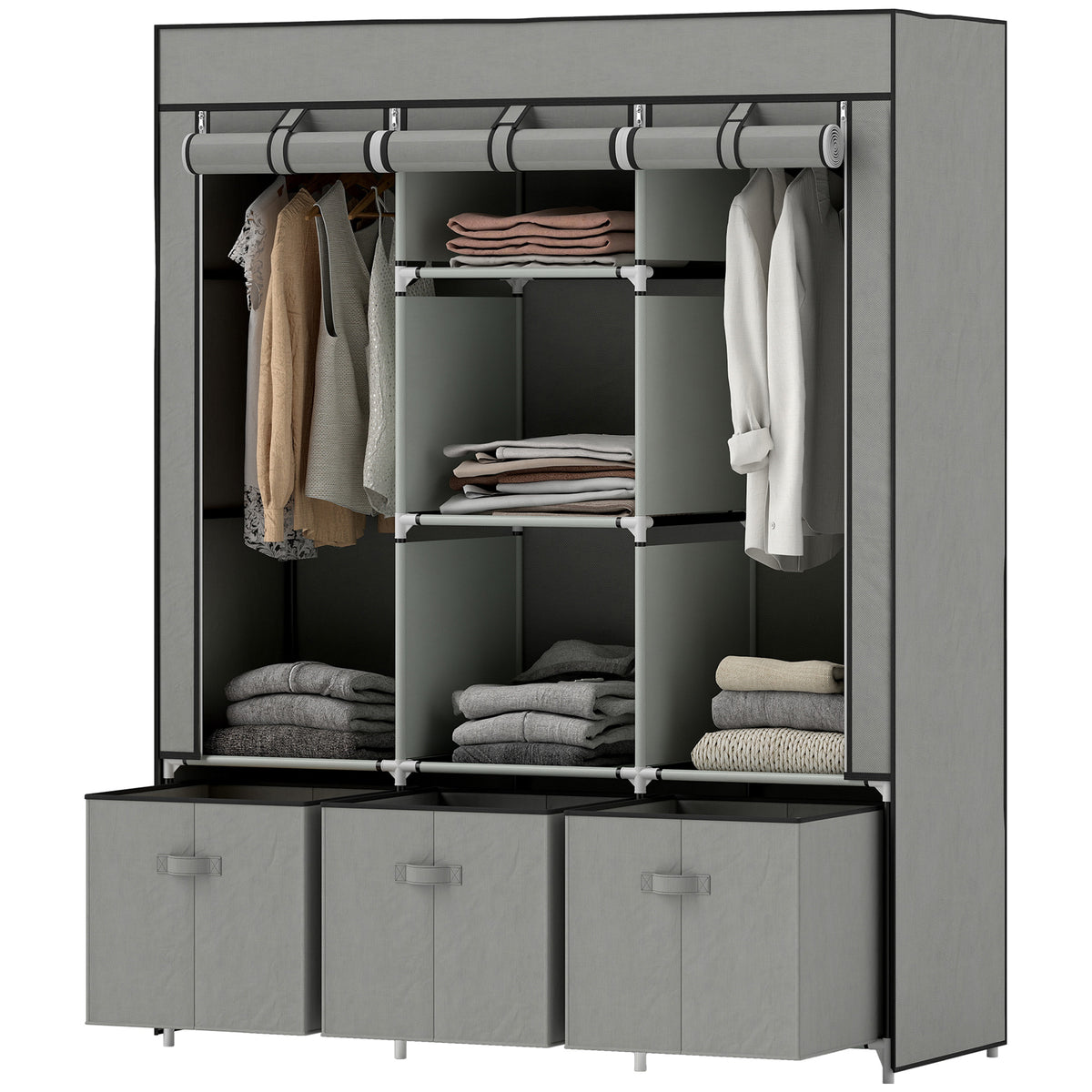 HOMCOM Stoffschrank aus Vlies, Faltschrank, inkl. 3 Schubladen, 125 cm x 43 cm x 162,5 cm, Hellgrau