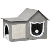 PawHut Katzenhaus mit Kratzfläche, inkl. Spielball, Katzenhöhle, 65 cm x 41 cm x 45.5H cm, Braun + Weiß +