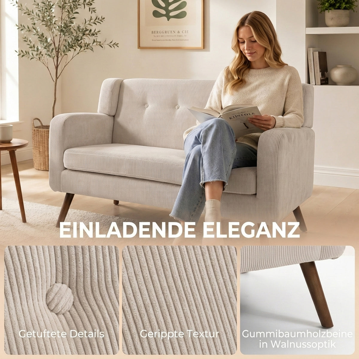 HOMCOM 2 Sitzer 118 cm Couch mit Cord-Optik, Knopfheftung Bequeme Modernes Polstersofa mit Holzbeinen – Produktabbildung 7