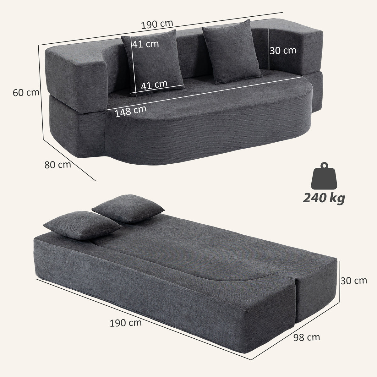 HOMCOM Schlafsofa, Bodensofa ohne Gestell mit dickem, hochdichtem Schaumstoff, breitem und tiefem Sitz – Produktabbildung 3