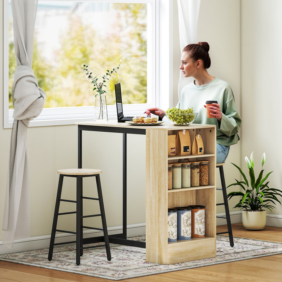 HOMCOM 3-teiliges Bartisch-Set, 1 Tresen, 2 Stühle, mit Stauraum und Fußstützen, platzsparend – Produktabbildung 2