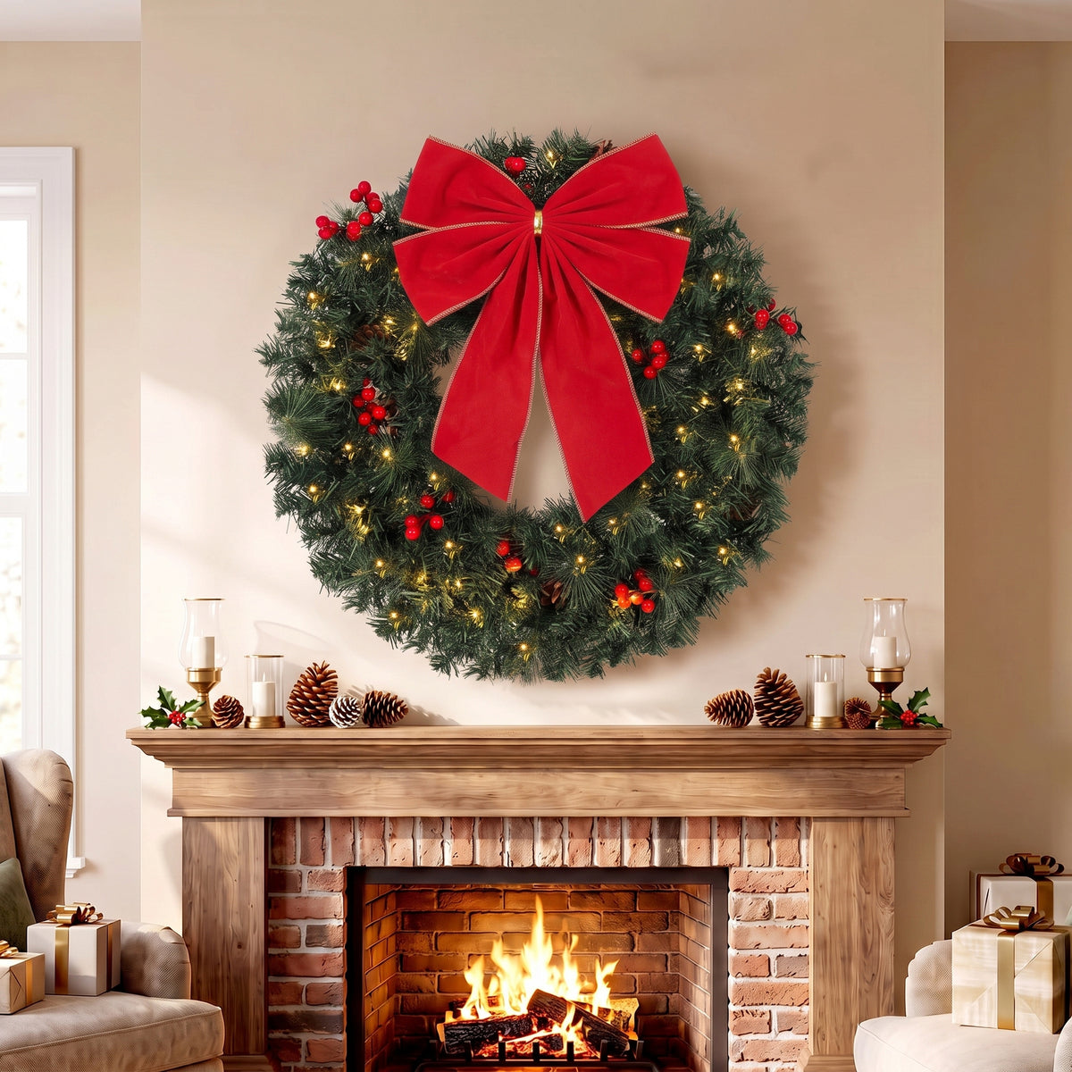 HOMCOM Weihnachtskranz 60 cm Türkranz mit Crestwood-Fichten Design, Schleife, 50 LEDs, 140 Zweigspitzen – Produktabbildung 2