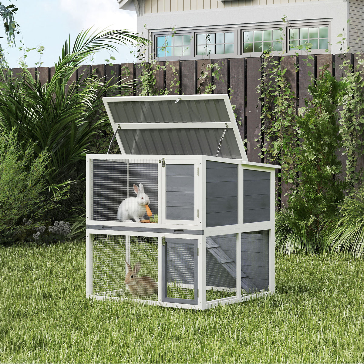 PawHut Hasenstall 2 Etagen Kaninchenstall aus Holz mit wetterfest aufklappbar Dach, Freilaufgehege – Produktabbildung 2