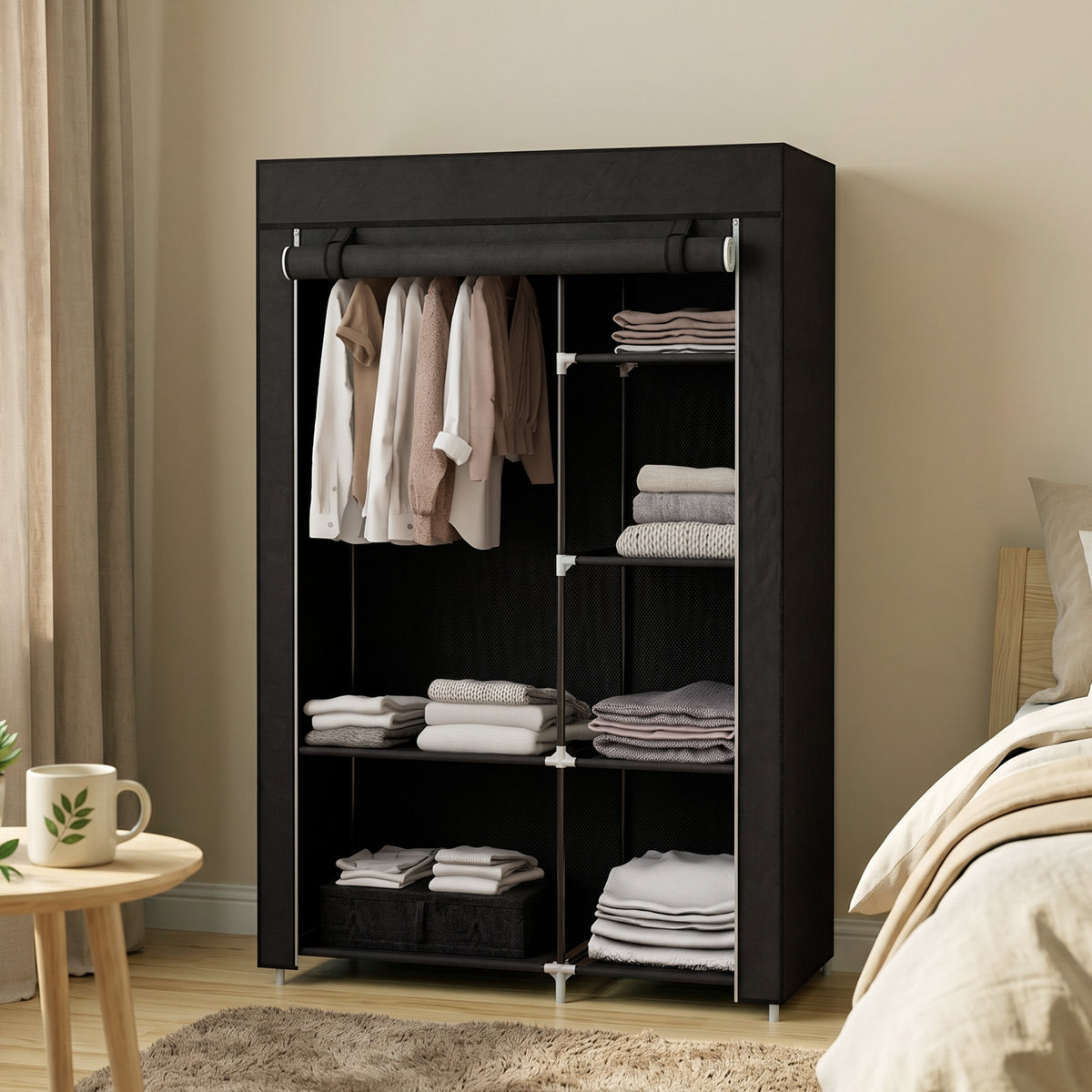 HOMCOM Schrank aus Stoff, Aufbewahrungslösung, 6 Regale, 1 Kleiderstange, Schwarz – Produktabbildung 2