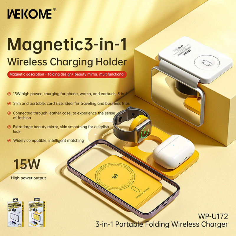 WEKOME WP-U172 - 3v1 Kabelloses Ladegerät s MagSafe für iPhone, Apple Watch a AirPods + zrcátko (gelb) – Produktabbildung 2