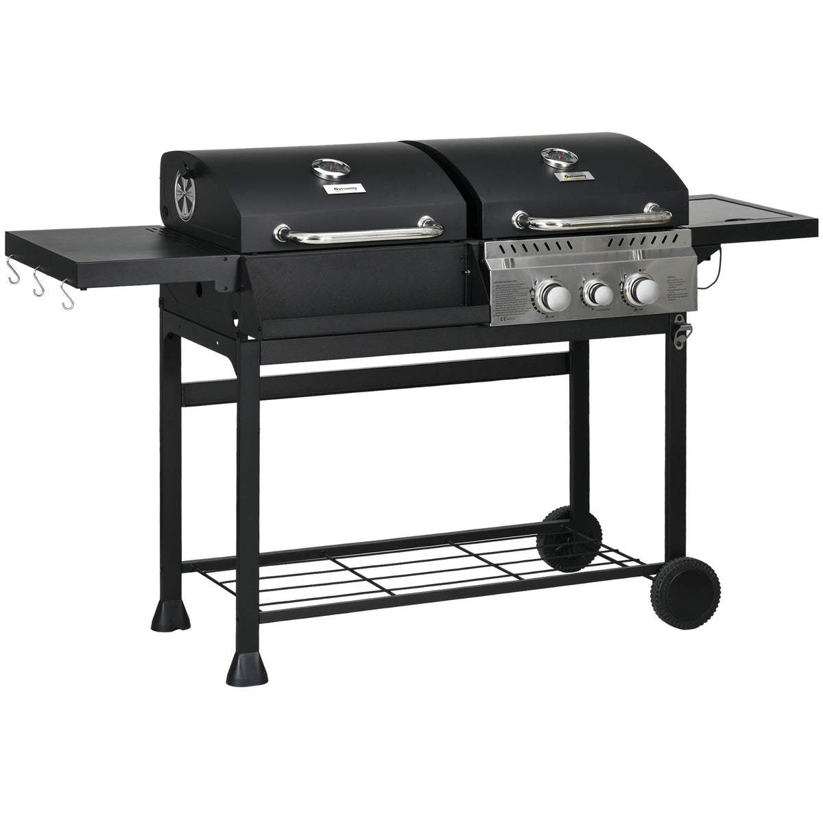 Outsunny Gasgrill BBQ-Grill, inkl. Thermometer, Warmhalteplatten, 161 x 54 x 103 cm, Schwarz + Silber