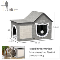 PawHut Katzenhaus mit Kratzfläche, inkl. Spielball, Katzenhöhle, 65 cm x 41 cm x 45.5H cm, Braun + Weiß – Produktabbildung 3