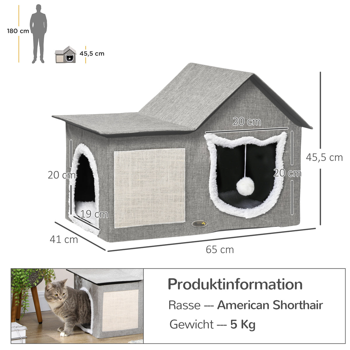 PawHut Katzenhaus mit Kratzfläche, inkl. Spielball, Katzenhöhle, 65 cm x 41 cm x 45.5H cm, Braun + Weiß – Produktabbildung 3