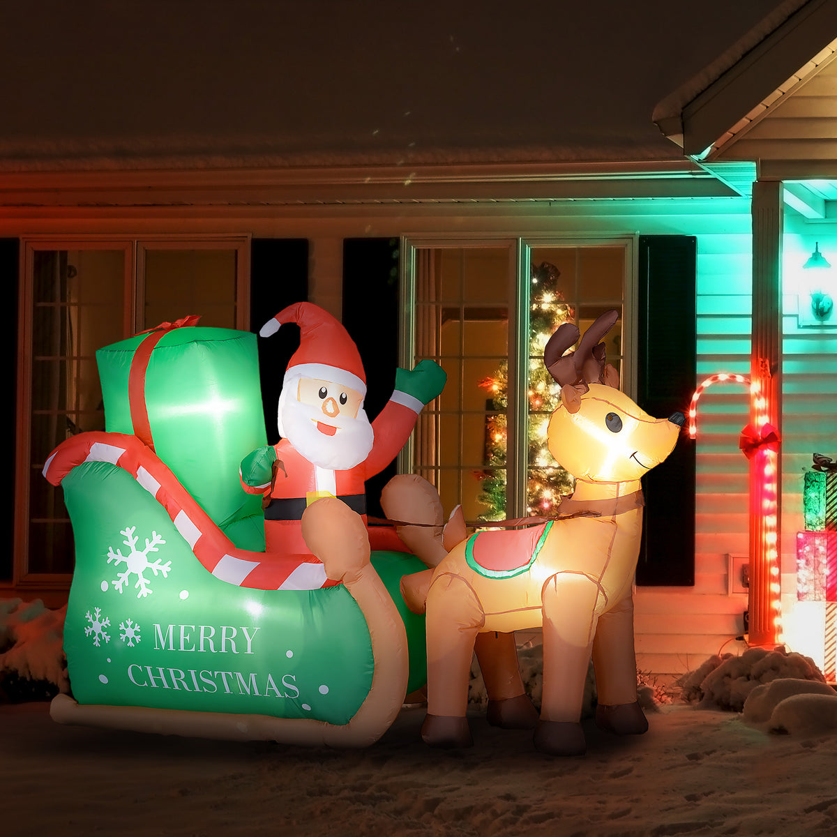 Outsunny Weihnachtsmann mit Schlitten & Rentier, aufblasbar, weiße LED-Beleuchtung, 210 x 80 x 140 cm – Produktabbildung 2
