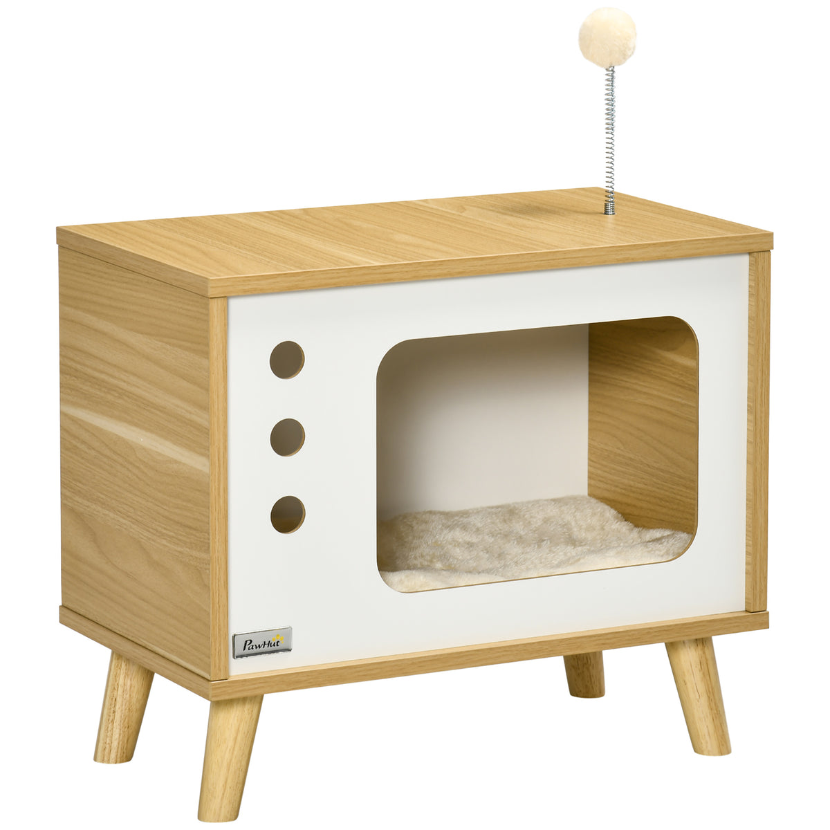 PawHut Katzenhöhle imTV-Design inkl. Spielzeug, waschbares Kissen, 50 cm x 28 cm x 43 cm, Eiche + Beige +