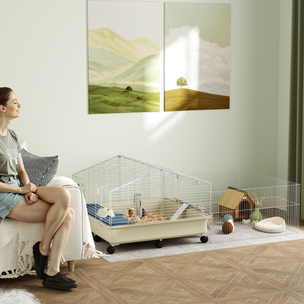 PawHut Kleintierkäfig, Balkon, Rampe, Futtertrog, Wasserflasche, 2-Ebenen-Design, Weiß – Produktabbildung 2