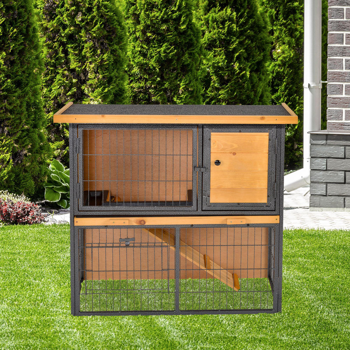 PawHut Kleintierstall erhöhtes Haustier Haus Käfig mit verschließbarer Tür Holz-Metall Hellgelb 89,5 x – Produktabbildung 2