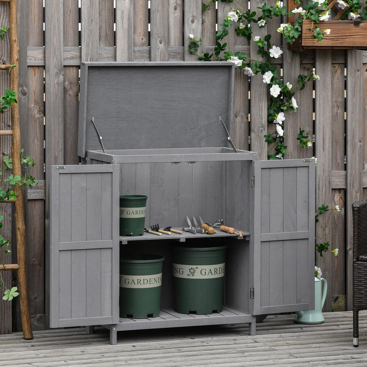 Outsunny Geräteschrank, Doppeltür, Klappdeckel, 2 Regalfächer, wetterfest, Naturholz, grau, 74 x 43 x – Produktabbildung 2