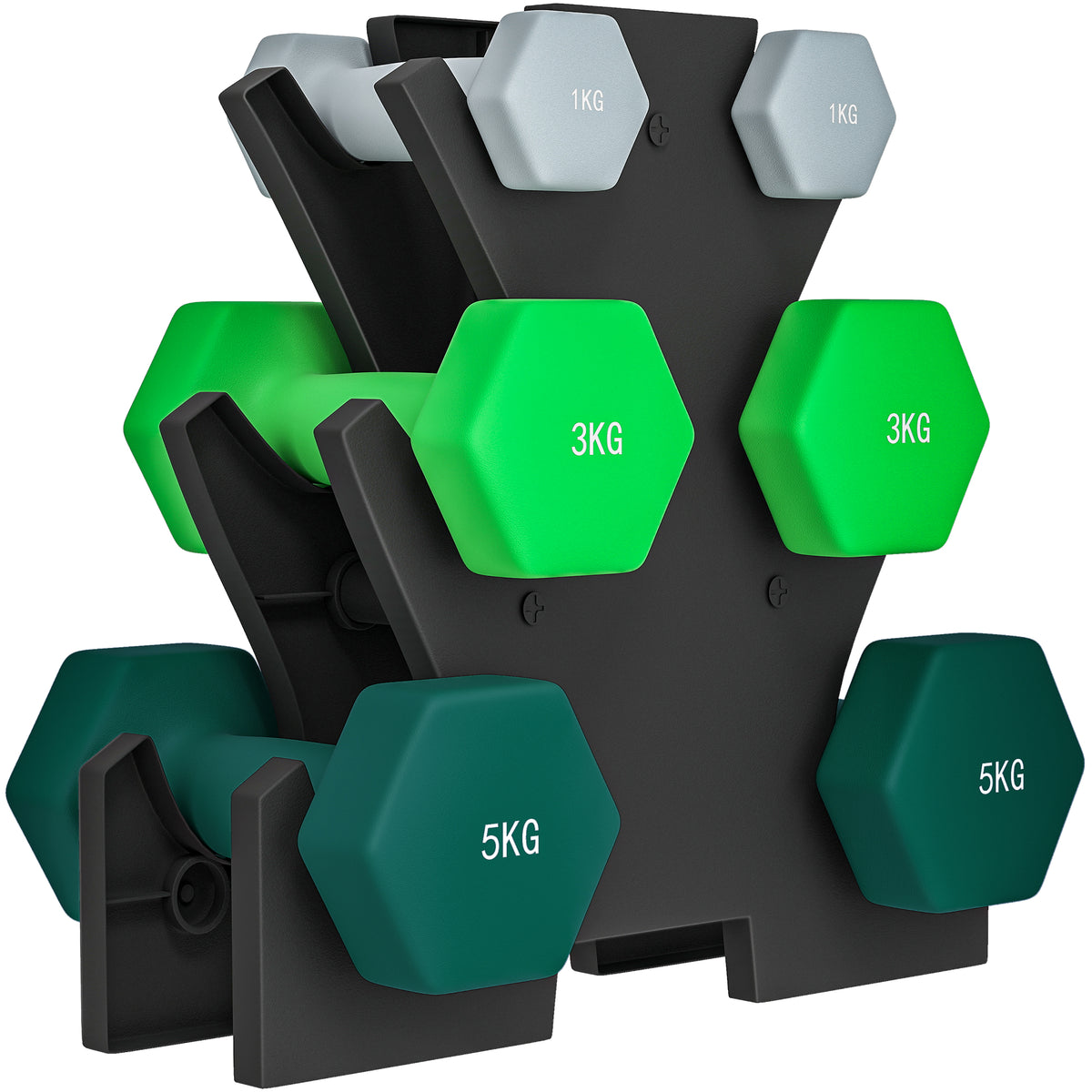 Hantelset mit Aufbewahrungsgestell, Set mit 6 Hanteln für Fitness-Training, 2 x 1kg, 2 x 3kg, 2 x 5kg