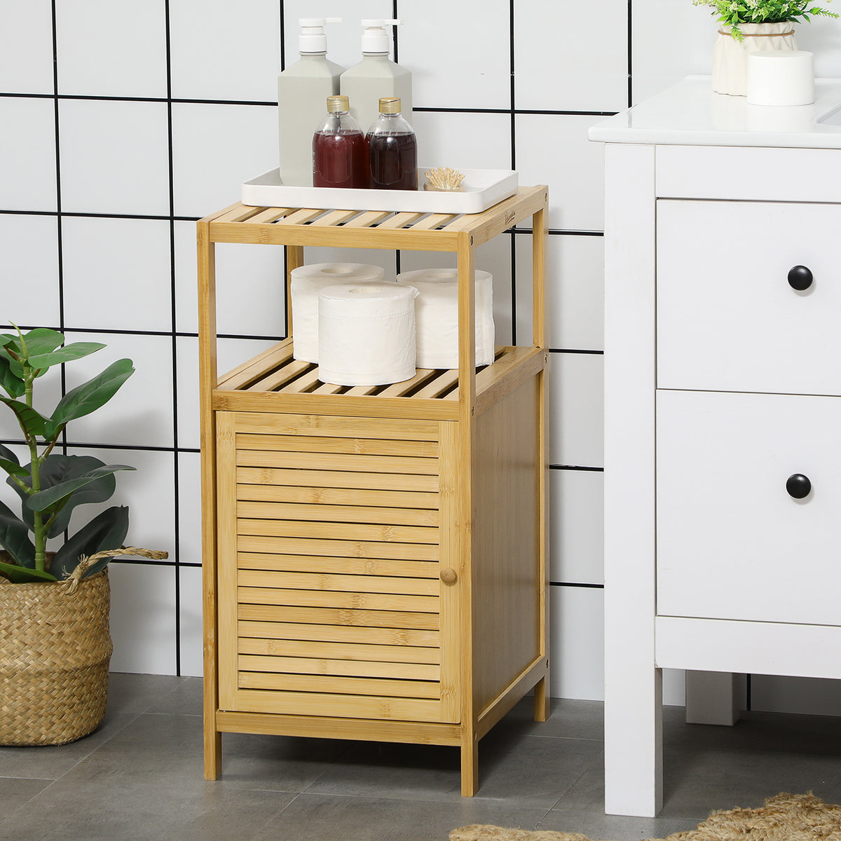 KleanKin Badezimmerschrank Badregal, Bambus, 1Ablage, 1 Schrank, 33 cm x36.5 cm x67 cm, Natur – Produktabbildung 2