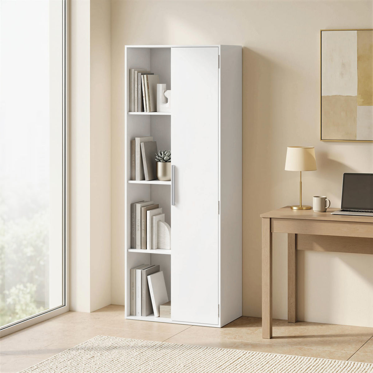 HOMCOM 4-stöckiges Bücherregal mit verstellbaren Regalböden, Regal mit Schrank und Türen für Wohnzimmer – Produktabbildung 2
