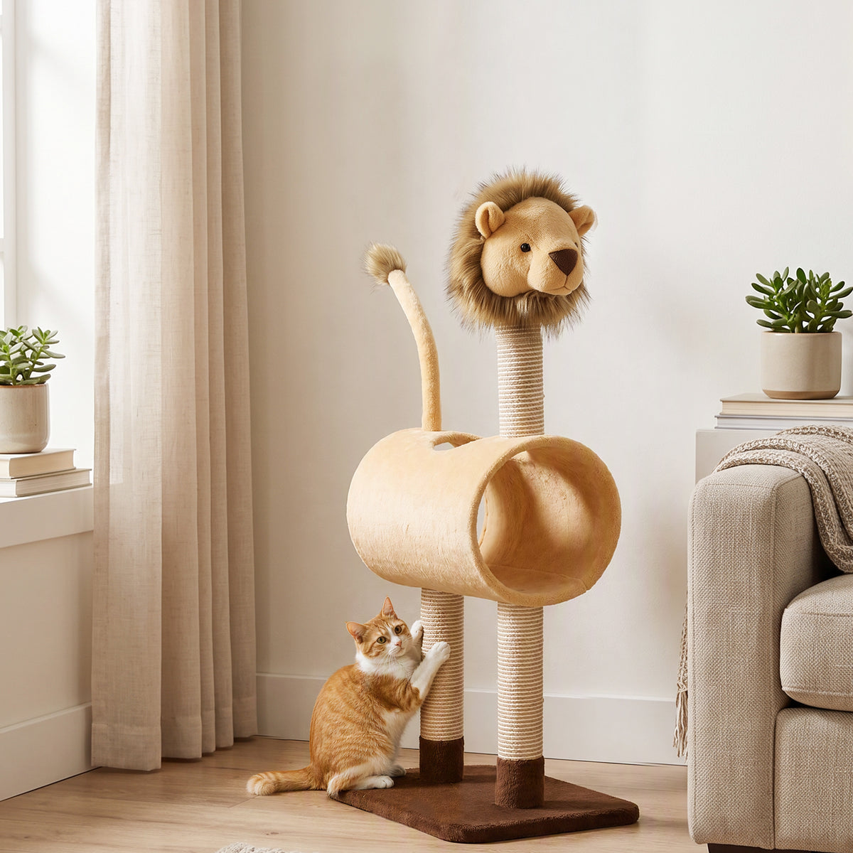 PawHut Kratzbaum 104 cm Katzenbaum mit Löwen-Design Kratzpfosten, Tunnel, hängendem Schwanz bis 7 kg – Produktabbildung 2