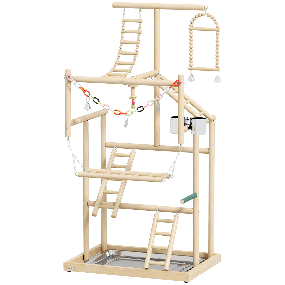 PawHut Vogelständer, Vogelstangen-Set, 4 Ebenen, Edelstahltablett, Spielzeug, Naturholz