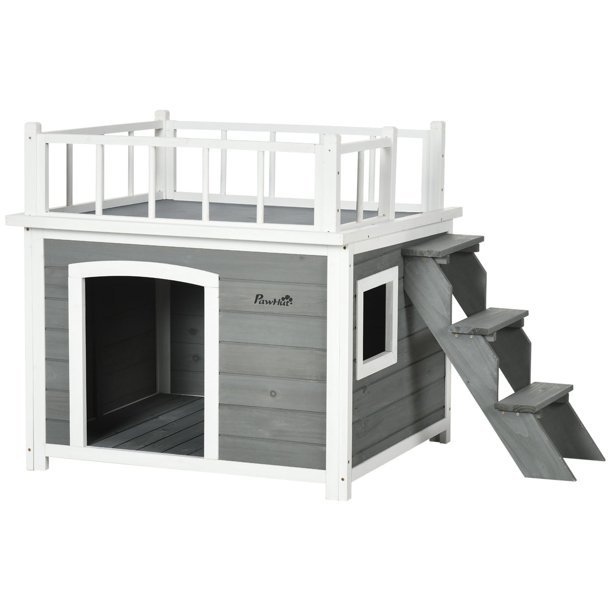 PawHut Hundehütte, Dachterrasse, Treppe, Fenster, Bodenabstand, Naturholz, hellgrau, 121 x 77 x 78cm