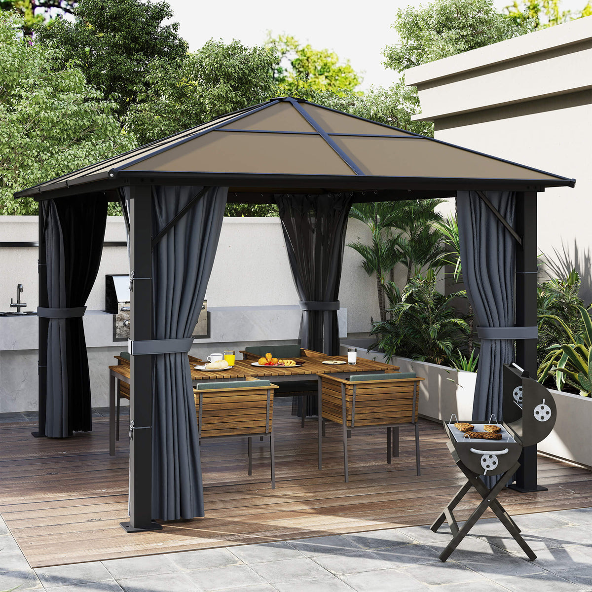 Outsunny Pavillon mit Polycarbonatdach, Vorhänge mit Fliegennetz, Alugestell, dunkelgrau, 3 x 3 m – Produktabbildung 2