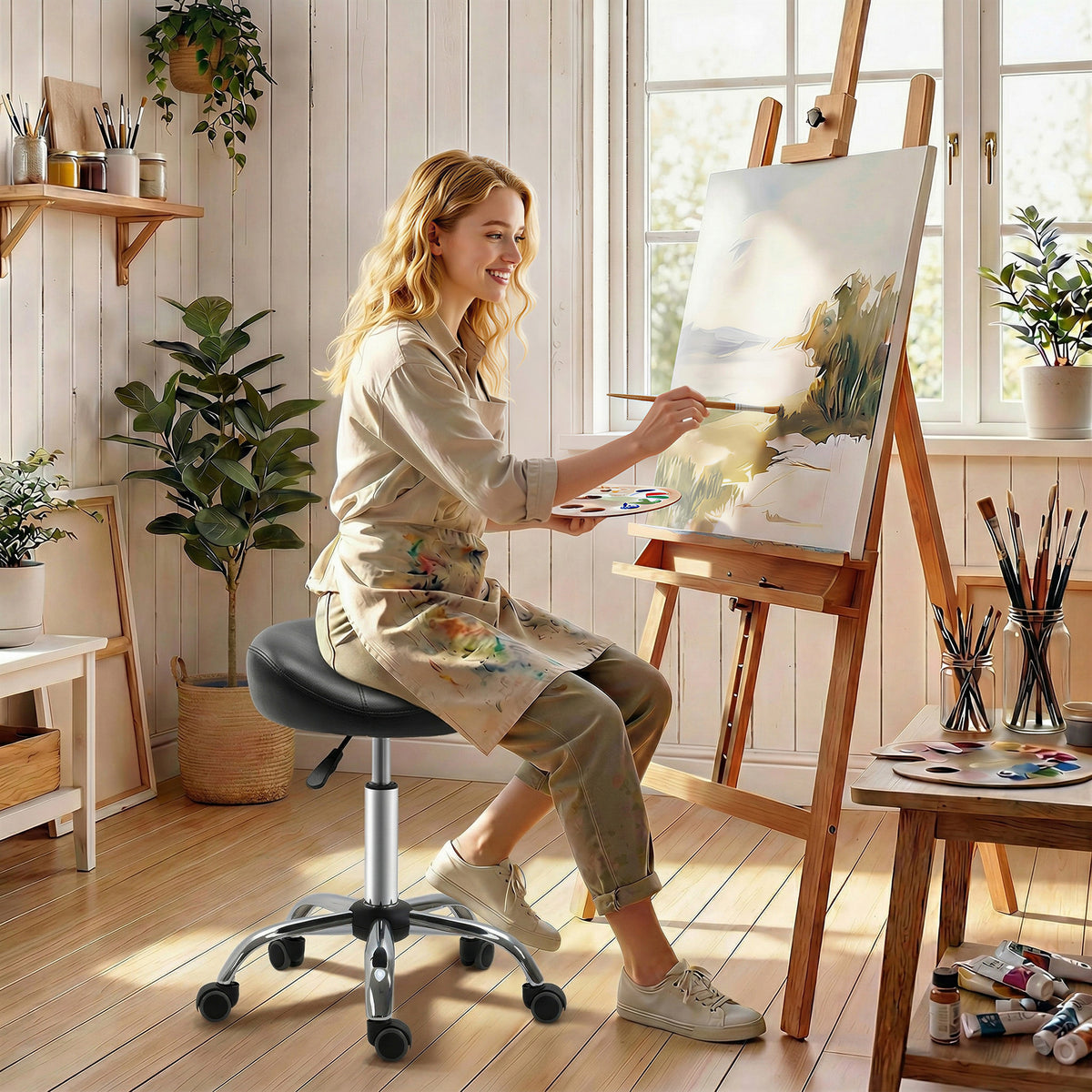 HOMCOM Salonhocker mit Sattelsitz, höhenverstellbar, Kunstleder, 48x48x54-69cm, Schwarz – Produktabbildung 2