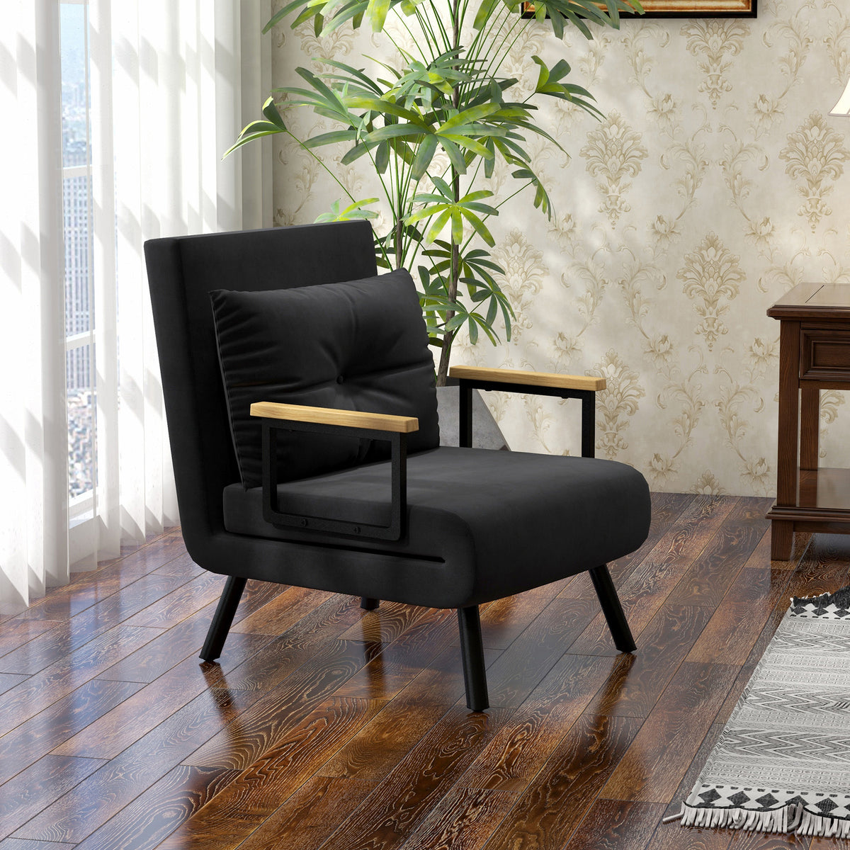 HOMCOM Relaxsessel im Skandidesign, Liegesessel, Lesesessel. ink. Kissen mit Knopfhefung, Schwarz – Produktabbildung 2