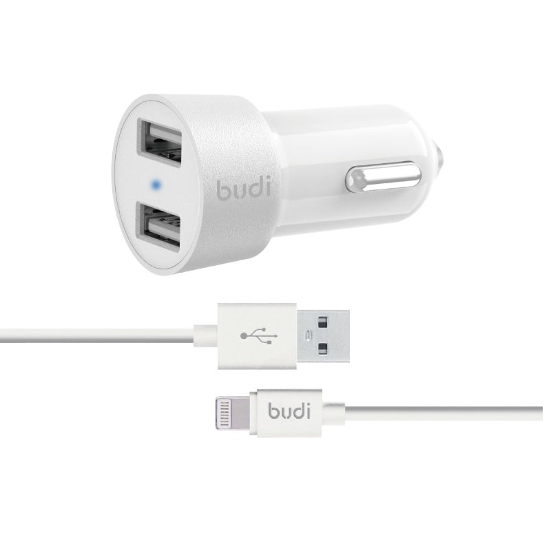 Budi - Autoladegerät 2x USB, 24W + Lightning Kabel 1,2 m (weiß)