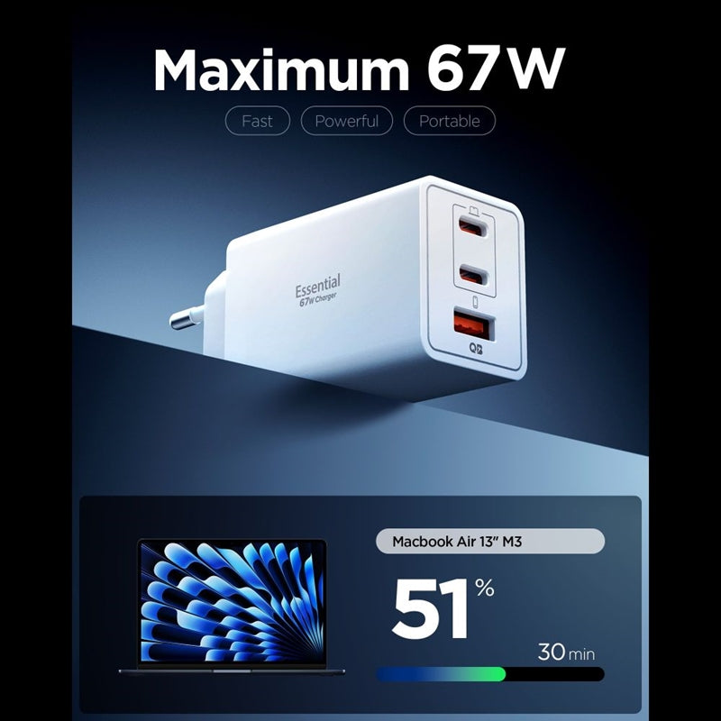 Spigen Essential EE673EU GaN Pro - Ladegerät für Steckdose 2x USB-C + USB-A 67W (weiß) – Produktabbildung 2