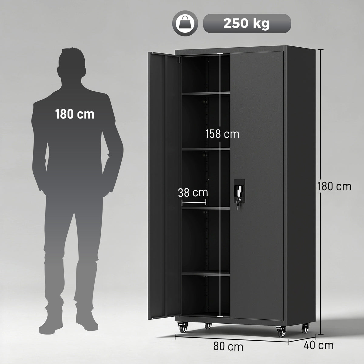 HOMCOM Aktenschrank, Abschließbar Metallschrank mit Rollen, Verstellbaren Ablagen, aus Stahl, 80 x 40 x – Produktabbildung 3