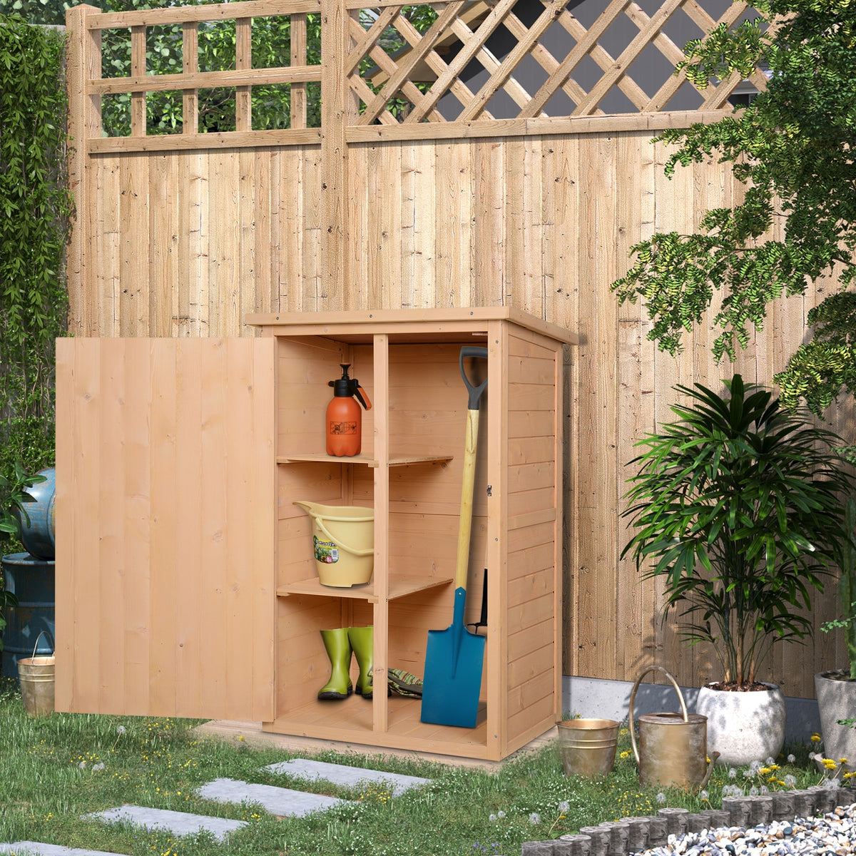 Outsunny Geräteschuppen mit Regalböden wetterbeständig 75 x 56 x 115cm Naturholz – Produktabbildung 2